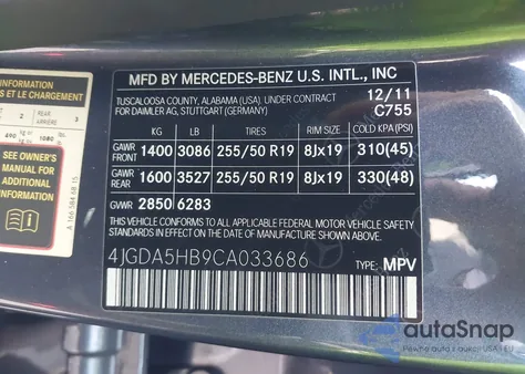 2012 Mercedes-Benz Ml 350 4Matic из США, поврежденный, VIN 4JGDA5HB9CA033686